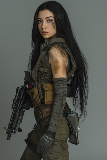 Full body picture of young human female with olive complexion, long black hair, very thick bushy eyebrows, big long straight aquiline nose, amber eyes, long eyelashes, heavy black eyeliner, freckles, some moles, thin lips, short weak chin, chubby cheeks and a strong muscular bodybuilder body shape, wearing a star wars smuggler engineer pilot outfit and holding a blaster rifle, smeared grease and oil stains, photorealistic, based on photonegative refractograph art. --v 6.0 --ar 2:3
