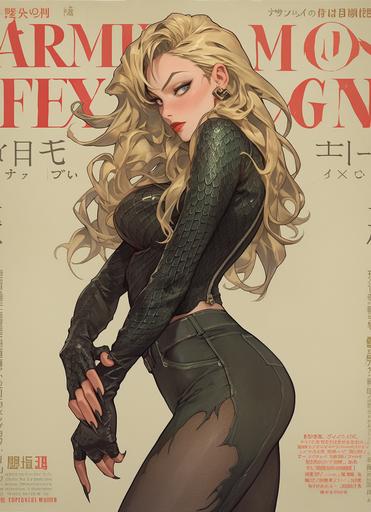 Full body pin up illustration of Brie Larsen as Envy Adams, gorgeous, sullen fashionista, brooding, evil, scowl, angry, mean, sinister femme fatale, ugly sweater, intricate design, lace, whiplash curves, Dynamic pose, hyperdetailed, semi-realistic, on the cover of a 1990s Japanese Super Famicom poster, by Hajime Sorayama and Gil Elvren oil painting, with Brian Lee O'Malley styling, --style expressive --niji 5 --s 1000 --chaos 10 --ar 8:11