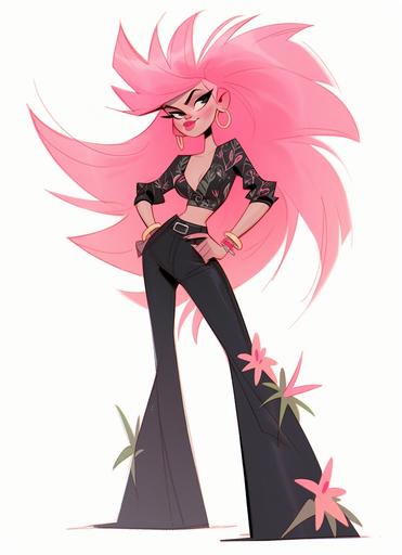 Full body pin up illustration of Jem from Jem and The Holograms, totally radical 1980s flamingo inspired new wave punk fashion, pink mod hairdo with shaved side, tatoos and piercings and leather and spikes, pop punk rock star 🤩⭐️🌟, whiplash curves, Dynamic pose, on the cover of a 1990s Japanese Super Famicom poster by Hajime Sorayama and Gil Elvgren and Tim Biskup, cartoon style, miami beach background --style expressive --ar 8:11 --upanime --niji 5 --s 1000 --q 2 --chaos 15 --q 2 --v 5.1 --s 250 --q 2 --v 5.1 --s 250