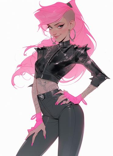 Full body pin up illustration of Jem from Jem and The Holograms, totally radical 1980s flamingo inspired new wave punk fashion, pink mod hairdo with shaved side, tatoos and piercings and leather and spikes, pop punk rock star 🤩⭐️🌟, whiplash curves, Dynamic pose, on the cover of a 1990s Japanese Super Famicom poster by Hajime Sorayama and Gil Elvgren and Tim Biskup, cartoon style, miami beach background --style expressive --ar 8:11 --upanime --niji 5 --s 1000 --q 2 --chaos 15 --q 2 --v 5.1 --s 250 --q 2 --v 5.1 --s 250