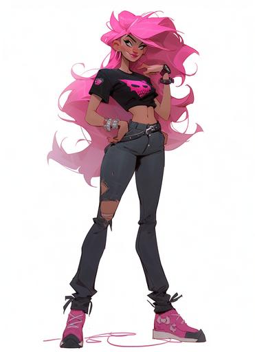 Full body pin up illustration of Jem from Jem and The Holograms, totally radical 1980s flamingo inspired new wave punk fashion, pink mod hairdo with shaved side, tatoos and piercings and leather and spikes, pop punk rock star 🤩⭐️🌟, whiplash curves, Dynamic pose, on the cover of a 1990s Japanese Super Famicom poster by Hajime Sorayama and Gil Elvgren and Tim Biskup, cartoon style, miami beach background --style expressive --ar 8:11 --upanime --niji 5 --s 1000 --q 2 --chaos 15 --q 2 --v 5.1 --s 250 --q 2 --v 5.1 --s 250