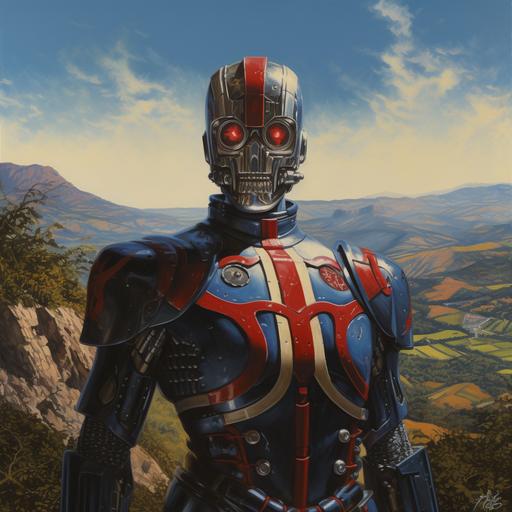 Full body shot, Painting of a futuristic menacing croatian robot with red white and blue warrior armor, unique 4 eyed helmet, rolling hills background, 1970's surrealist dark fantasy art style, book cover art, realist: lifelike accuracy, volumetric lighting, --style raw --ar 1:1