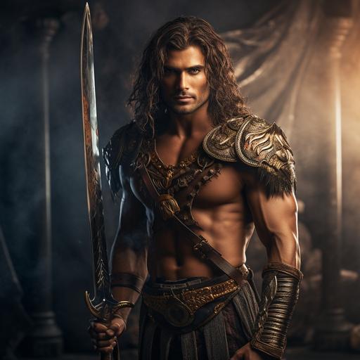 Full body shot od futuristic male brunette smiling flirty Spartan pirate with sword, backdrop of futuristic Asgard