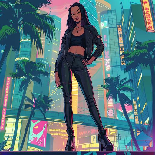 Full body shot of Cyberpunk female beautyfull smilling flirty Asian spy, backdrop of futuristic Warsaw with palm trees, comics style --v 6.0