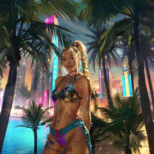 Full body shot of Cyberpunk female beautyfull smilling flirty Asian blonde, with long braid, backdrop of futuristic Warsaw with palm trees, relistic style