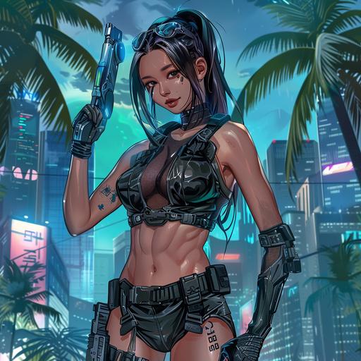 Full body shot of Cyberpunk female beautyfull smilling flirty Asian spy, backdrop of futuristic Warsaw with palm trees, comics style --v 6.0