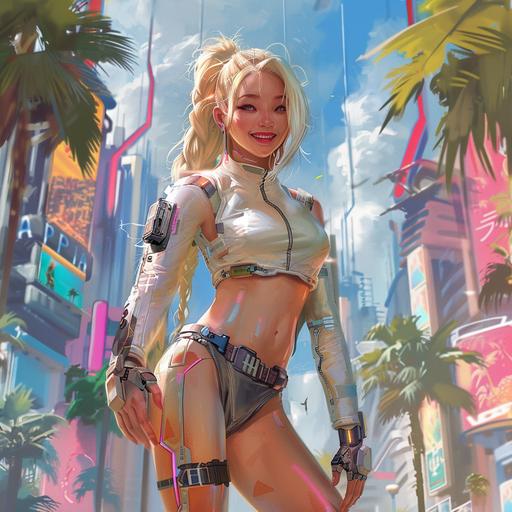 Full body shot of Cyberpunk female beautyfull smilling flirty Asian blonde, with long braid, backdrop of futuristic Warsaw with palm trees, relistic style