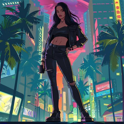 Full body shot of Cyberpunk female beautyfull smilling flirty Asian spy, backdrop of futuristic Warsaw with palm trees, comics style --v 6.0