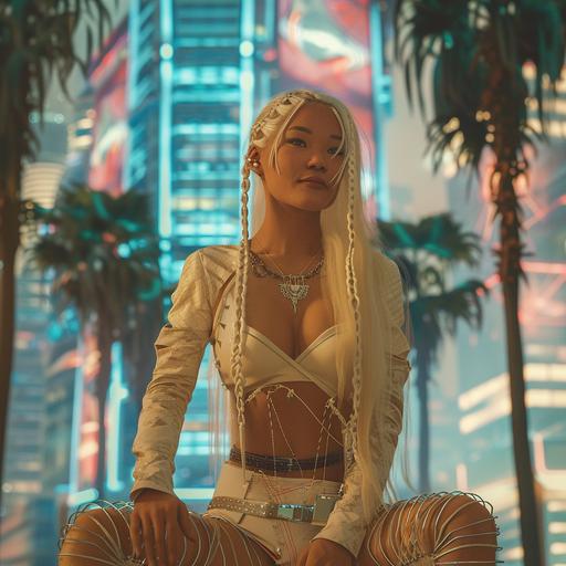 Full body shot of Cyberpunk female beautyfull smilling flirty Asian blonde, with long braid, backdrop of futuristic Warsaw with palm trees