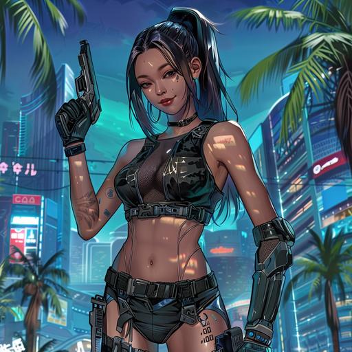 Full body shot of Cyberpunk female beautyfull smilling flirty Asian spy, backdrop of futuristic Warsaw with palm trees, comics style --v 6.0