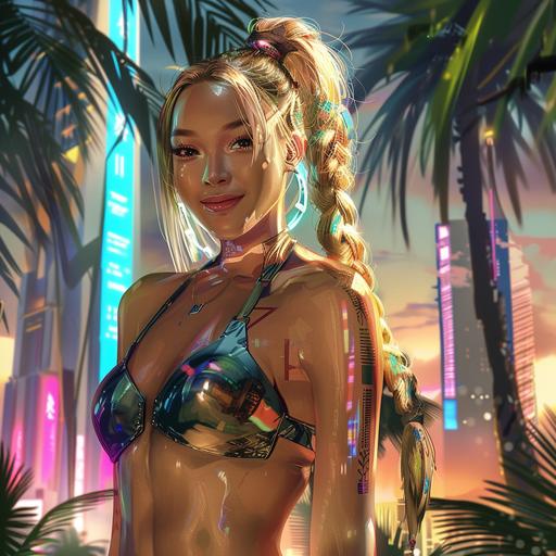 Full body shot of Cyberpunk female beautyfull smilling flirty Asian blonde, with long braid, backdrop of futuristic Warsaw with palm trees, relistic style