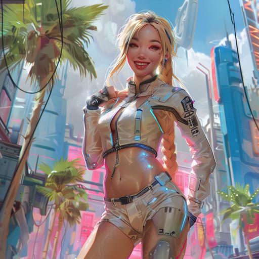 Full body shot of Cyberpunk female beautyfull smilling flirty Asian blonde, with long braid, backdrop of futuristic Warsaw with palm trees, relistic style