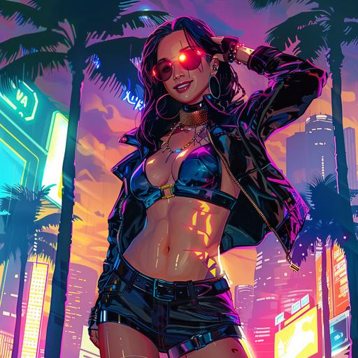 Full body shot of Cyberpunk female beautyfull smilling flirty Asian spy, backdrop of futuristic Warsaw with palm trees, comics style --v 6.0