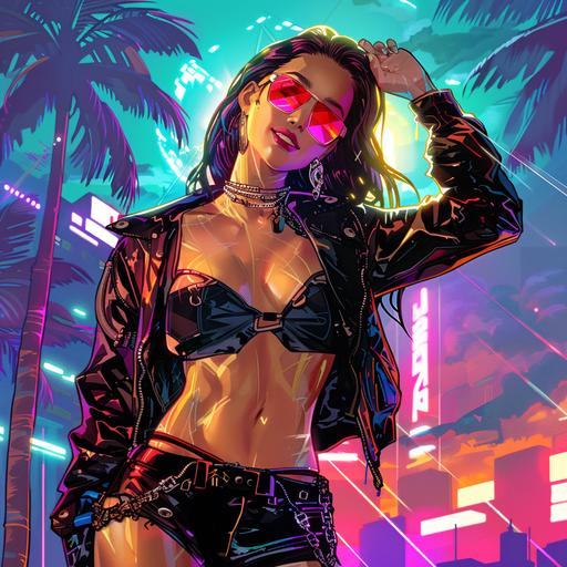 Full body shot of Cyberpunk female beautyfull smilling flirty Asian spy, backdrop of futuristic Warsaw with palm trees, comics style --v 6.0