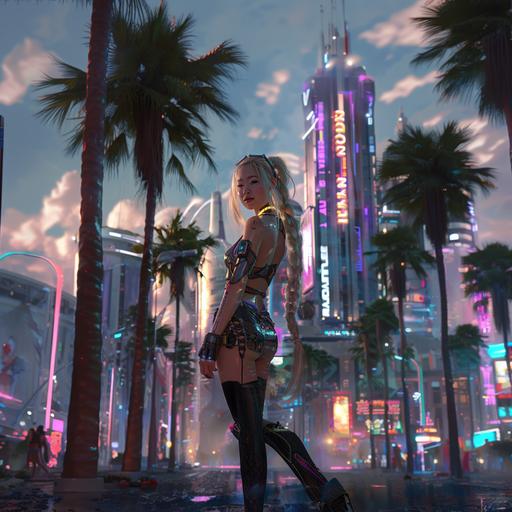 Full body shot of Cyberpunk female beautyfull smilling flirty Asian blonde, with long braid, backdrop of futuristic Warsaw with palm trees