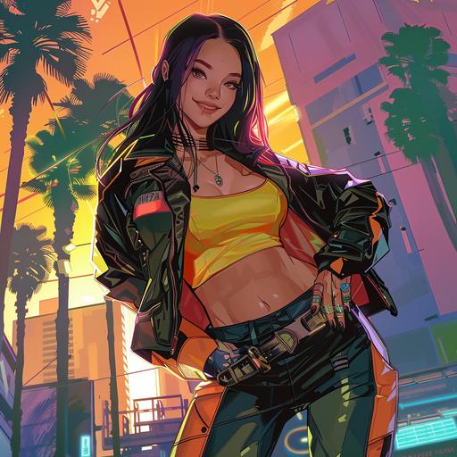 Full body shot of Cyberpunk female beautyfull smilling flirty Asian spy, backdrop of futuristic Warsaw with palm trees, comics style --v 6.0