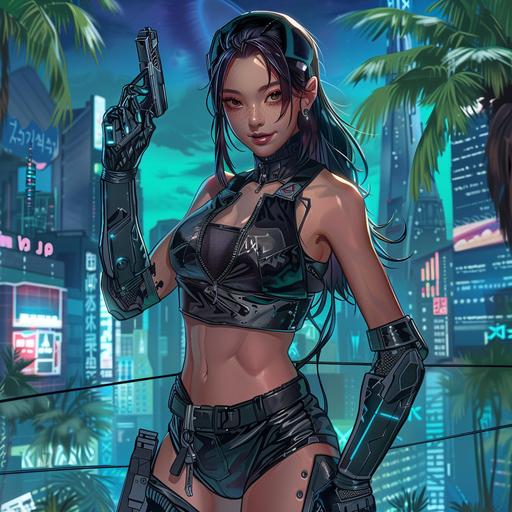 Full body shot of Cyberpunk female beautyfull smilling flirty Asian spy, backdrop of futuristic Warsaw with palm trees, comics style --v 6.0