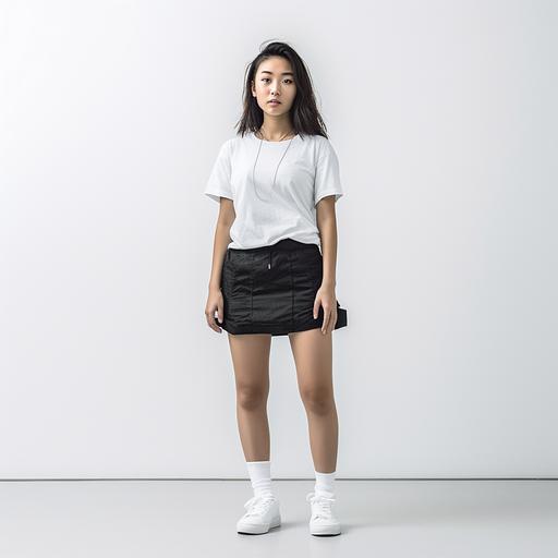 Full-body shot of a Japanese mix America female model who is 170cm tall and weighs 48kg wearing a white tee and black short skirts standing in front of a white backdrop. Facing camera. Portrait photo. Shot from a low angle using Canon EOS R5 camera with a standard lens to capture the model’s entire outfit and showcase her height of 170cm. . --v 5