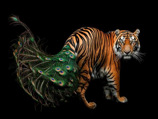 Full body shot, photo of animal known as Peager (a hybrid of a peacock and a tiger), tiger head, peacock tail national geographic style, black background --style raw --ar 4:3 --v 6.0 --s 50