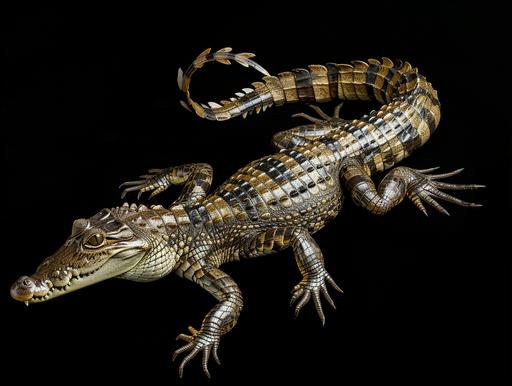 Full body shot, photo of animal known as crocapion (a hybrid of a crocodile), head and body of crocodile and stinger tail of scorpion, national geographic style, black background --style raw --ar 4:3 --v 6.0 --s 50