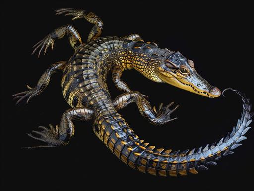 Full body shot, photo of animal known as crocapion (a hybrid of a crocadile and scorpion), head and body of crocodile and tail of scorpion, national geographic style, black background --style raw --ar 4:3 --v 6.0 --s 50