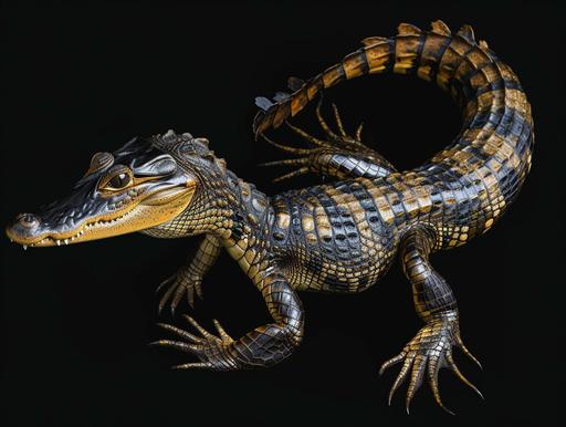 Full body shot, photo of animal known as crocapion (a hybrid of a crocadile and scorpion), head and body of crocodile and tail of scorpion, national geographic style, black background --style raw --ar 4:3 --v 6.0 --s 50