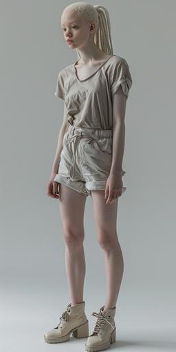 Full body shot portrait of an extremely impersonal Japanese woman (age 20), head to toe in frame, albino, no makeup, lighting from upper left to emphasize three-dimensionality, plain white background, simple gray T-shirt, shorts, pumps, oblique Taken from 45 degrees, shot with a medium telephoto lens, 32K --ar 1:2 --s 500 --v 6.0 --style raw