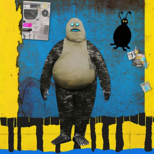 Full body, the fat white alien with the gyotaku face wearing black gothic ware with chain, yellow wall in the background with graffiti of a blue gyotaku, balanced composition, surreal, minimalist, --uplight --s 750