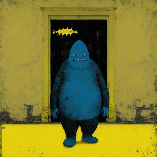 Full body, the fat white alien with the gyotaku face wearing black gothic ware with chain, yellow wall in the background with graffiti of a blue gyotaku, balanced composition, surreal, minimalist, --uplight