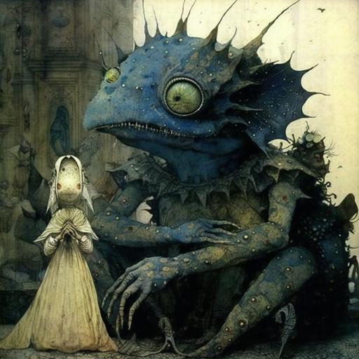 Full body, the fat white alien with the gyotaku face wearing black gothic ware with chain, yellow wall in the background with graffiti of a blue gyotaku, balanced composition, surreal, minimalist, musician scene by Chiho Aoshima::1 scene by Max Ernst::1 scene by Brian Froud::1 --uplight