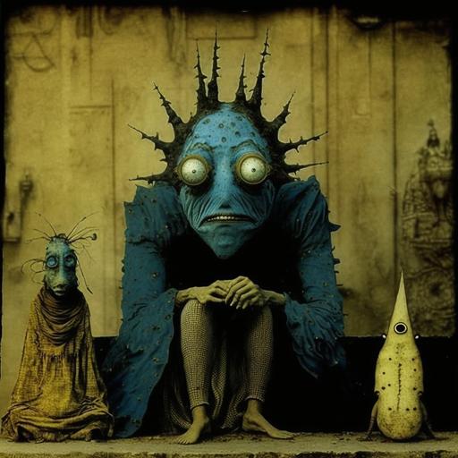 Full body, the fat white alien with the gyotaku face wearing black gothic ware with chain, yellow wall in the background with graffiti of a blue gyotaku, balanced composition, surreal, minimalist, musician scene by Chiho Aoshima::1 scene by Max Ernst::1 scene by Brian Froud::1 --uplight