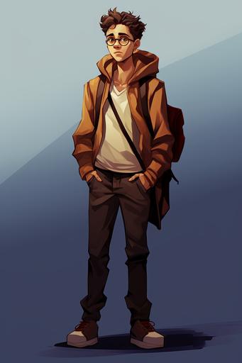 Full body turnaround      Ethan, young teenager boy, gay, awkward, illustrated graphic novel character --ar 2:3