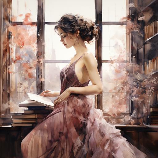 Full body view, Beautiful Brunette woman, rose gold 1800s French lace dress, painting a portrait in a large library, upswept hair, side profile of her face in concentration, large open windows with heavy burgundy drapes, huge wooden bookshelves, fireplace, beautiful watercolor portrait, realistic, watercolor portrait by harumi hironaka agnes cecile, detailed, watercolor portrait, fine art, jan van eyck, rembrandt, joseph ducreux, lucian freud, leonardo da vinci, anthony van dyck