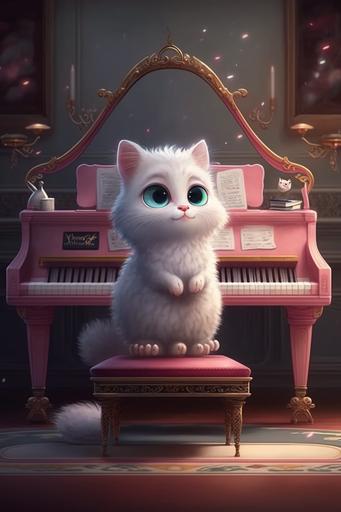 Full body wide shot illustration SCENE: big eyed white cat with pink ribbon playing piano realistic disney pixar style animation 8K --ar 2:3