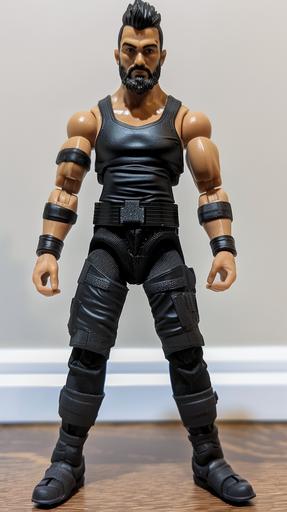 Full body. GI Joe action figure. Black wide samurai skirt pants, wide leg with extremely wide bottom, feet not visible. Black tank top. Black stripes down the arms, bicepts and forearms, both arms matching. Black spiked up at the sides. Black beard. Toy. --v 6.0 --ar 9:16