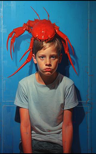 Full comic site, A return after long wanderings, a blue lobster follows the red sidewalk chalk line, in the style of fragmented memories, portraiture with emotion, lightbox, child-like innocence, pensive stillness --ar 5:8