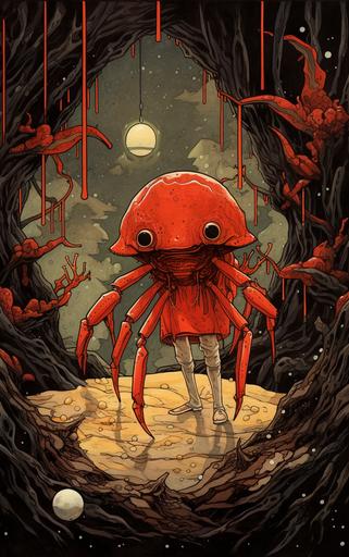 Full comic site, A return after long wanderings, a crab::2 🦀 follows the red sidewalk chalk line, in the style of fragmented memories, portraiture with emotion, lightbox, child-like innocence, pensive stillness --ar 5:8 --v 5.2