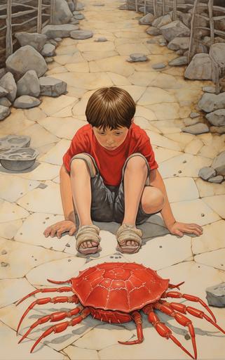 Full comic site, A return after long wanderings, a crab 🦀 follows the red sidewalk chalk line, in the style of fragmented memories, portraiture with emotion, lightbox, child-like innocence, pensive stillness --ar 5:8 --v 5.2