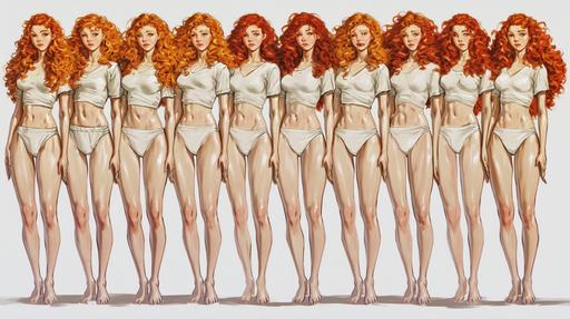 Full-length shot, full body, Grid of 20 illustrations of a whole body of a woman in her 30s with orange curly hair and big brown eyes dramatis personae wearing white t-shirt and cut-off denim shots in multiple poses and with multiple facial expressions. Line art with solid coloring, dynamic action by Moebius and Dan DeCarlo, unsplash --ar 16:9 --niji 6 --c 98 --weird 2000