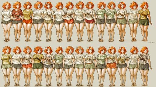 Full-length shot, full body, Grid of 20 illustrations of a whole body of a woman in her 30s with orange curly hair and big brown eyes dramatis personae wearing white t-shirt and cut-off denim shots in multiple poses and with multiple facial expressions. Line art with solid coloring, dynamic action by Moebius and Dan DeCarlo, unsplash --ar 16:9 --niji 6 --c 98 --weird 1000