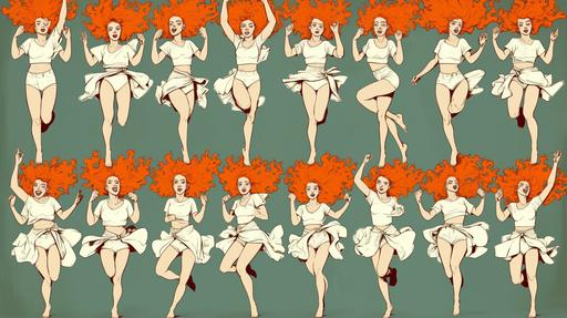 Full-length shot, full body, Grid of 20 illustrations of a whole body of a woman in her 30s with orange curly hair and big brown eyes dramatis personae wearing white t-shirt and cut-off denim shots in multiple poses and with multiple facial expressions. Line art with solid coloring, dynamic action by Moebius and Dan DeCarlo, unsplash --ar 16:9 --niji 6 --c 98 --weird 3000