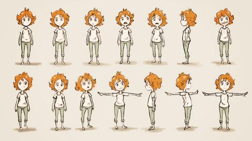 Full-length shot, full body, Grid of 20 illustrations of a whole body of a woman in her 30s with orange curly hair and big brown eyes dramatis personae wearing white t-shirt and cut-off denim shots in multiple poses and with multiple facial expressions. Line art with solid coloring, dynamic action by Moebius and Dan DeCarlo, unsplash --ar 16:9 --niji 6 --c 98 --weird 3000