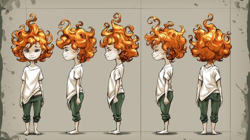 Full-length shot, full body, Grid of 20 illustrations of a whole body of a woman in her 30s with orange curly hair and big brown eyes dramatis personae wearing white t-shirt and cut-off denim shots in multiple poses and with multiple facial expressions. Line art with solid coloring, dynamic action by Moebius and Dan DeCarlo, unsplash --ar 16:9 --niji 6 --c 98 --weird 1000