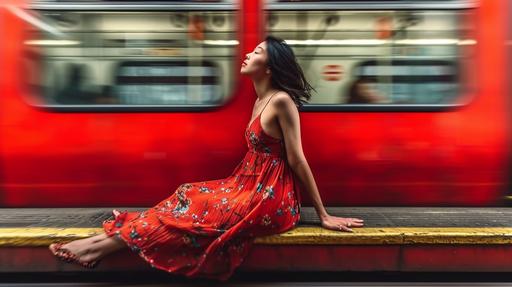 Full-length shot, full body, Pretty Eurasian 25 year old girl in flowered mini-dress on the platform of the London underground ,unsplash --ar 16:9 --c 98 --weird 2000 --v 6.0
