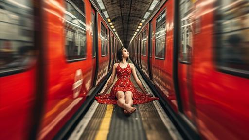 Full-length shot, full body, Pretty Eurasian 25 year old girl in flowered mini-dress:2, on the platform of the London underground ,unsplash --ar 16:9 --c 98 --weird 2000 --v 6.0
