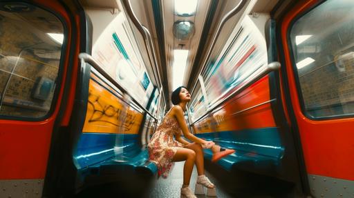 Full-length shot, full body, Pretty Eurasian 25 year old girl in flowered mini-dress on the platform of the London underground ,unsplash --ar 16:9 --c 98 --weird 1000 --v 6.0