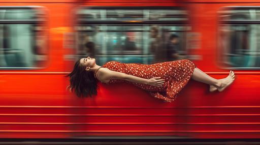 Full-length shot, full body, Pretty Eurasian 25 year old girl in flowered mini-dress:2, on the platform of the London underground ,unsplash --ar 16:9 --c 98 --weird 2000 --v 6.0