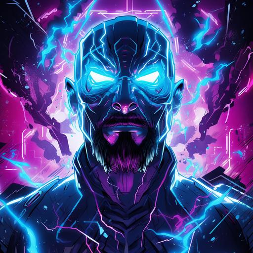 Fully body Synthwave comic book illustration. An explosion of arcane energy with a dark wizard in the center, cracked skin, glowing eyes, dark fantasy, in the style of tron, neon