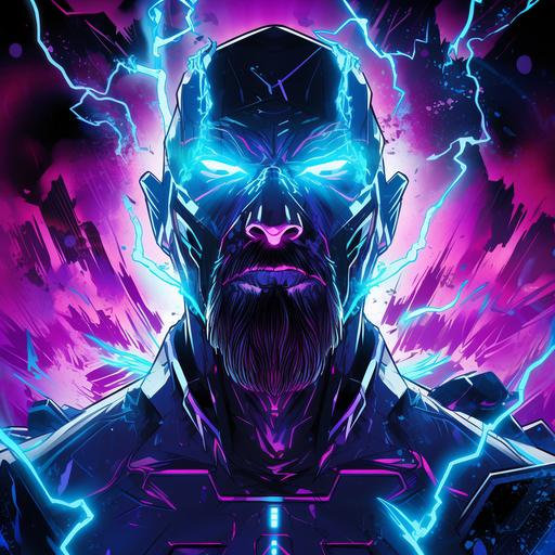 Fully body Synthwave comic book illustration. An explosion of arcane energy with a dark wizard in the center, cracked skin, glowing eyes, dark fantasy, in the style of tron, neon