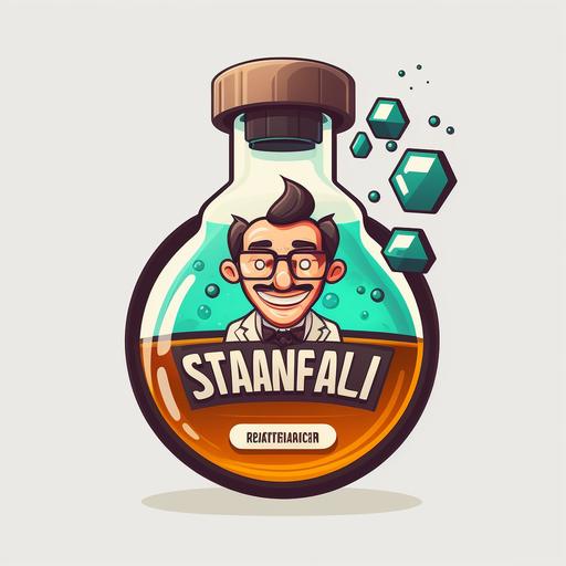 Fun Cartoon logo, chemical bottle with scientist, white background